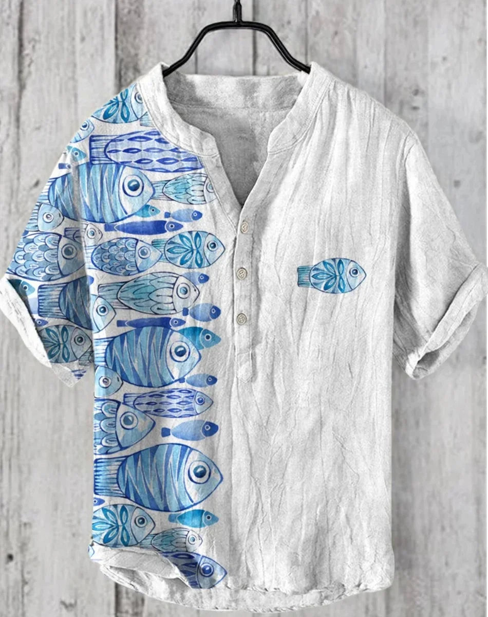 Men’s Retro Fish Print Linen Shirt – Casual Short Sleeve Button Top - Inarah Trade Ltd