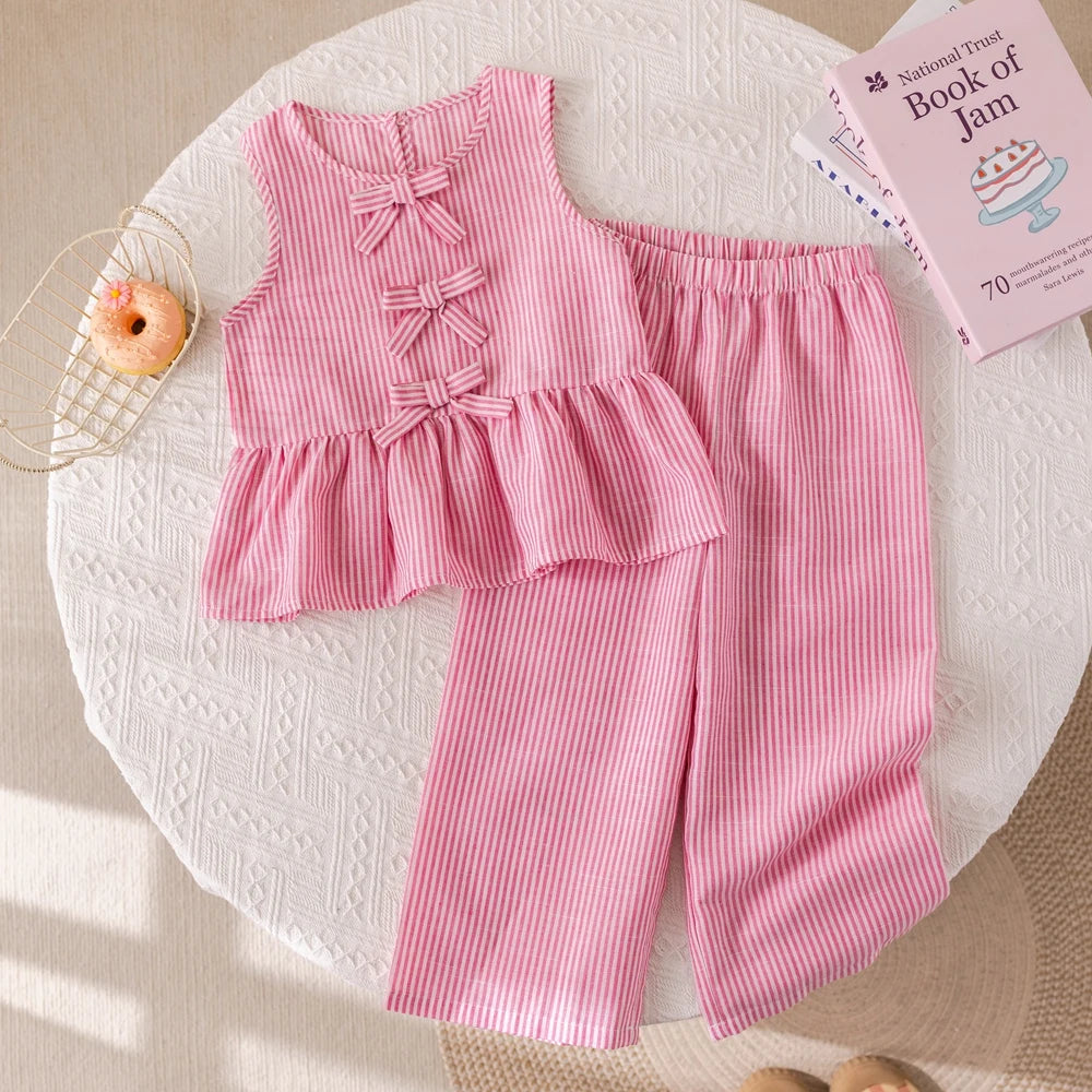 Humor Bear Girls' Summer Set – Pink Striped Bow Vest & Pants (2-Piece) - Inarah Trade Ltd