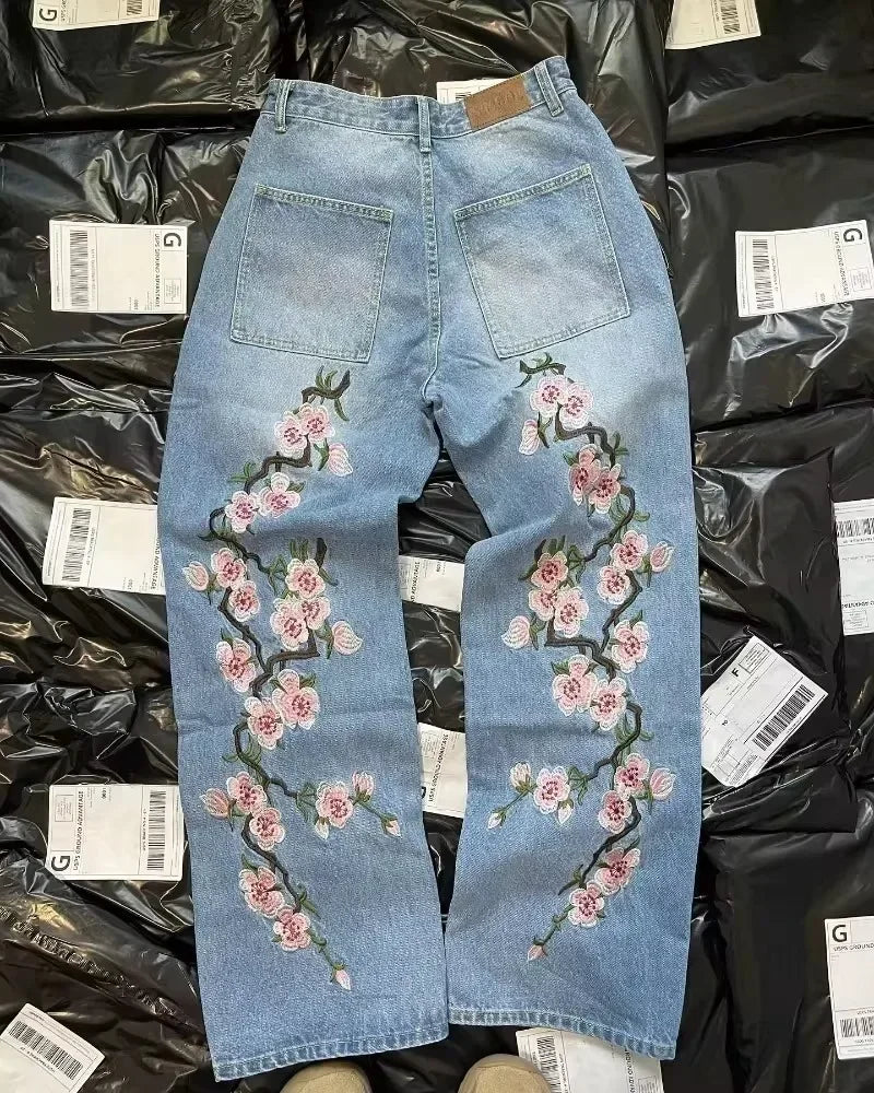 Y2K Gothic Cherry Embroidered Wide-Leg Jeans – Unisex Streetwear - Inarah Trade Ltd