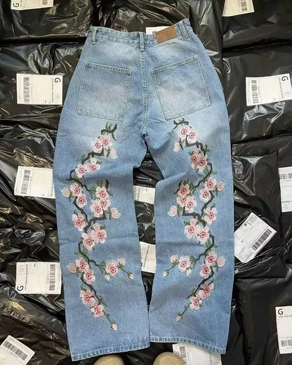 Y2K Gothic Cherry Embroidered Wide-Leg Jeans – Unisex Streetwear - Inarah Trade Ltd