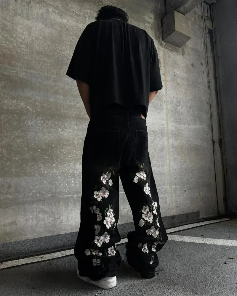 Y2K Gothic Cherry Embroidered Wide-Leg Jeans – Unisex Streetwear - Inarah Trade Ltd