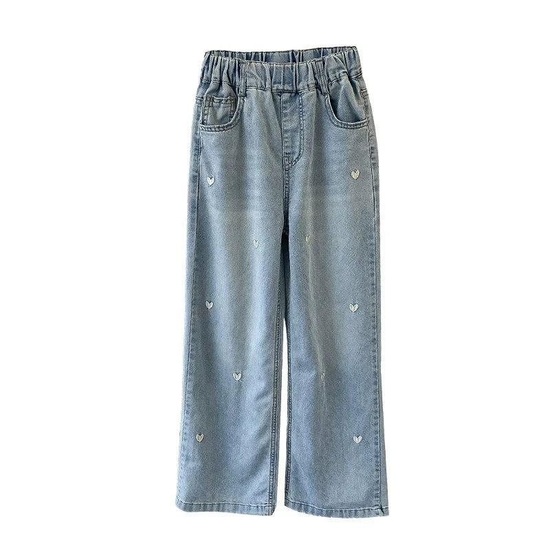 Girls' Summer Wide-Leg Jeans – Solid Color with Heart Detail - Inarah Trade Ltd