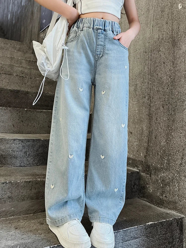 Girls' Summer Wide-Leg Jeans – Solid Color with Heart Detail - Inarah Trade Ltd