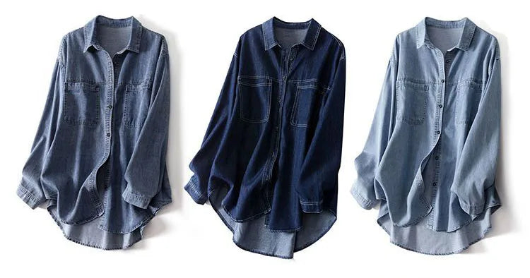 Oversized Loose Denim Shirt for Women – Polo Collar Casual Blouse - Inarah Trade Ltd