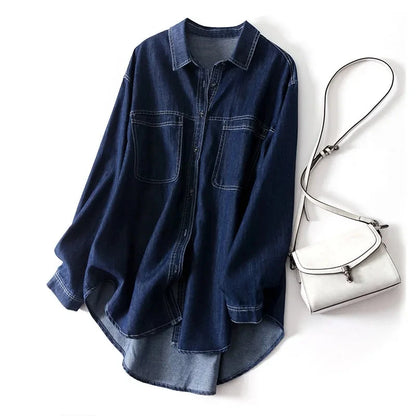 Oversized Loose Denim Shirt for Women – Polo Collar Casual Blouse - Inarah Trade Ltd