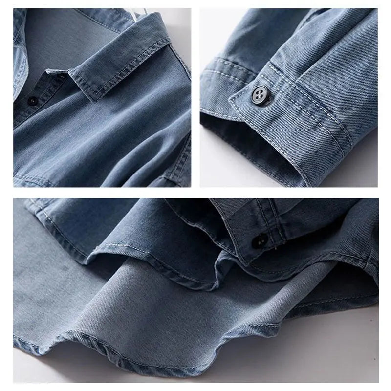 Oversized Loose Denim Shirt for Women – Polo Collar Casual Blouse - Inarah Trade Ltd