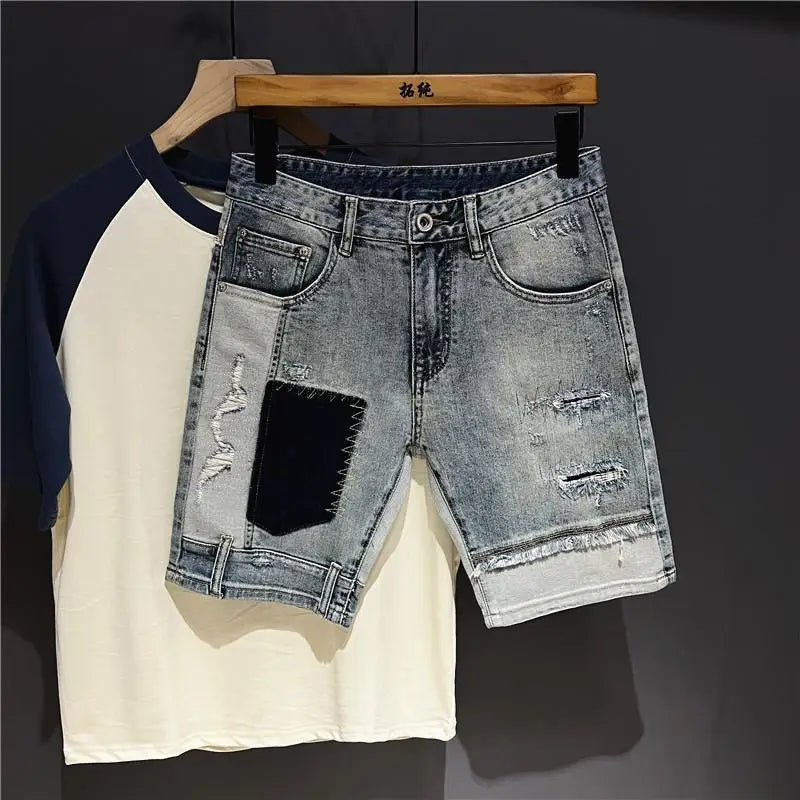 Style Men’s Spliced Denim Shorts – Stretch Knee-Length - Inarah Trade Ltd