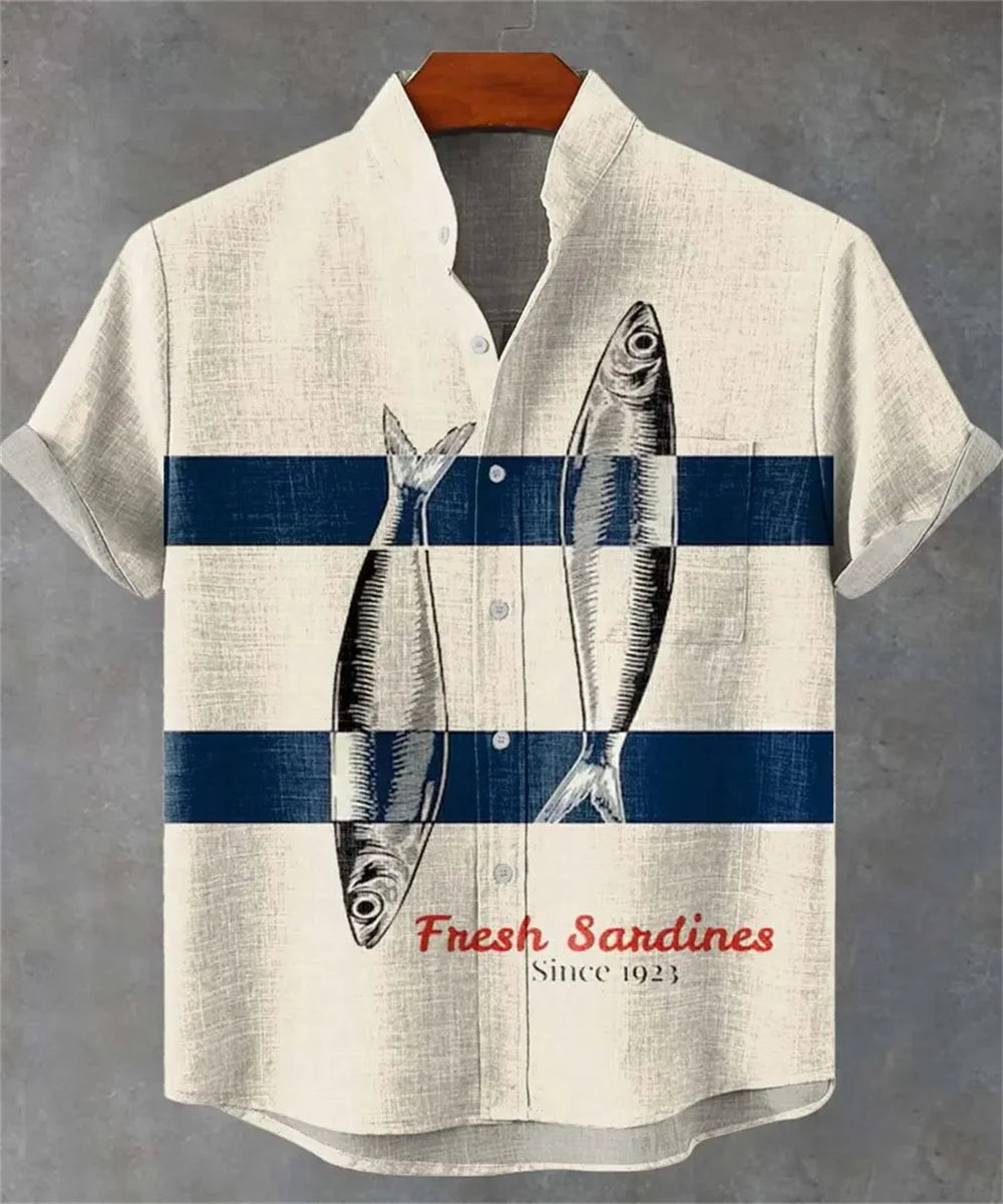 Men’s 3D Fish Print Linen Shirt – Summer Casual Button-Up - Inarah Trade Ltd