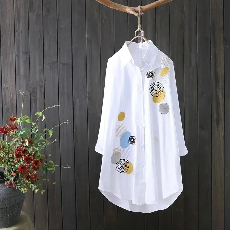 2024 Embroidered White Shirt – Women’s Long Sleeve Loose Blouse Jacket - Inarah Trade Ltd