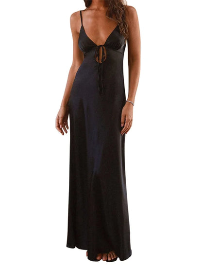Sleeveless V-Neck Tie-Front Backless Maxi Dress – Summer Casual - Inarah Trade Ltd