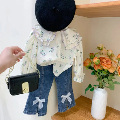 Girls 2-Piece Clothes Set – Long Sleeve Shirt & Jeans (Autumn/Spring) - Inarah Trade Ltd