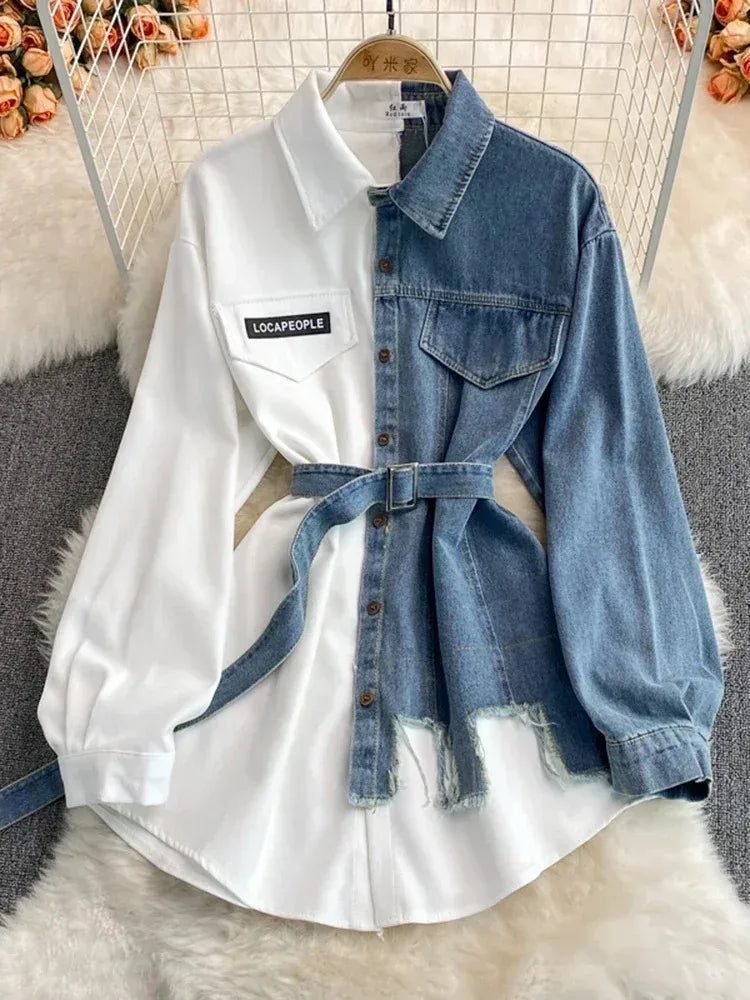 Women’s Patchwork Denim Blouse – Lace-Up Contrast Shirt for Spring/Autumn - Inarah Trade Ltd