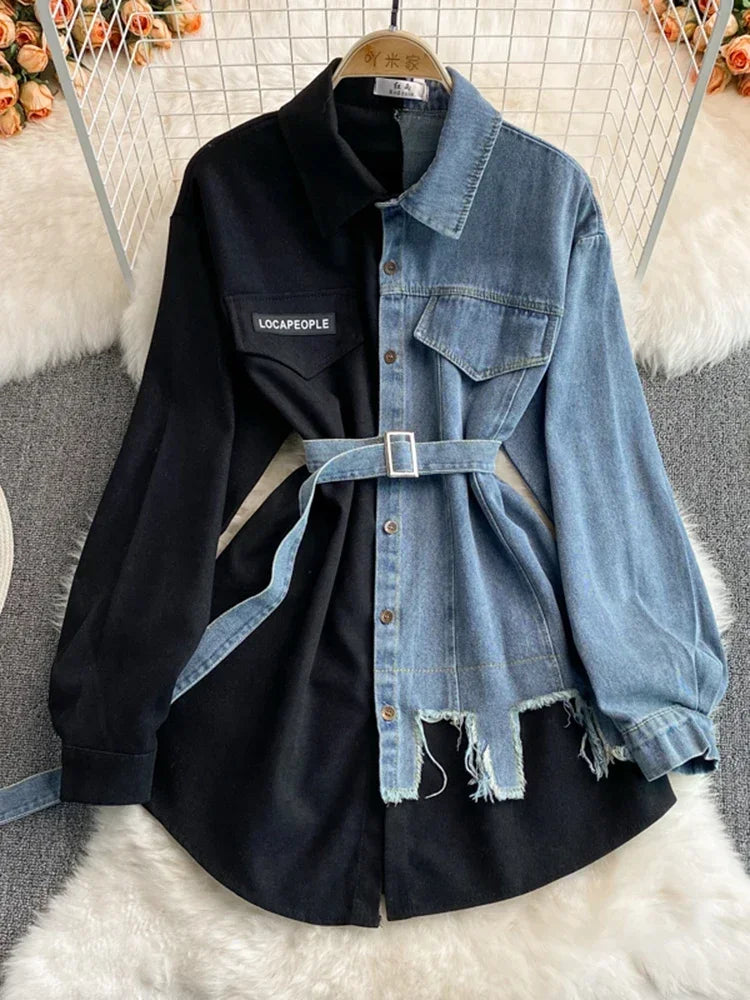 Women’s Patchwork Denim Blouse – Lace-Up Contrast Shirt for Spring/Autumn - Inarah Trade Ltd