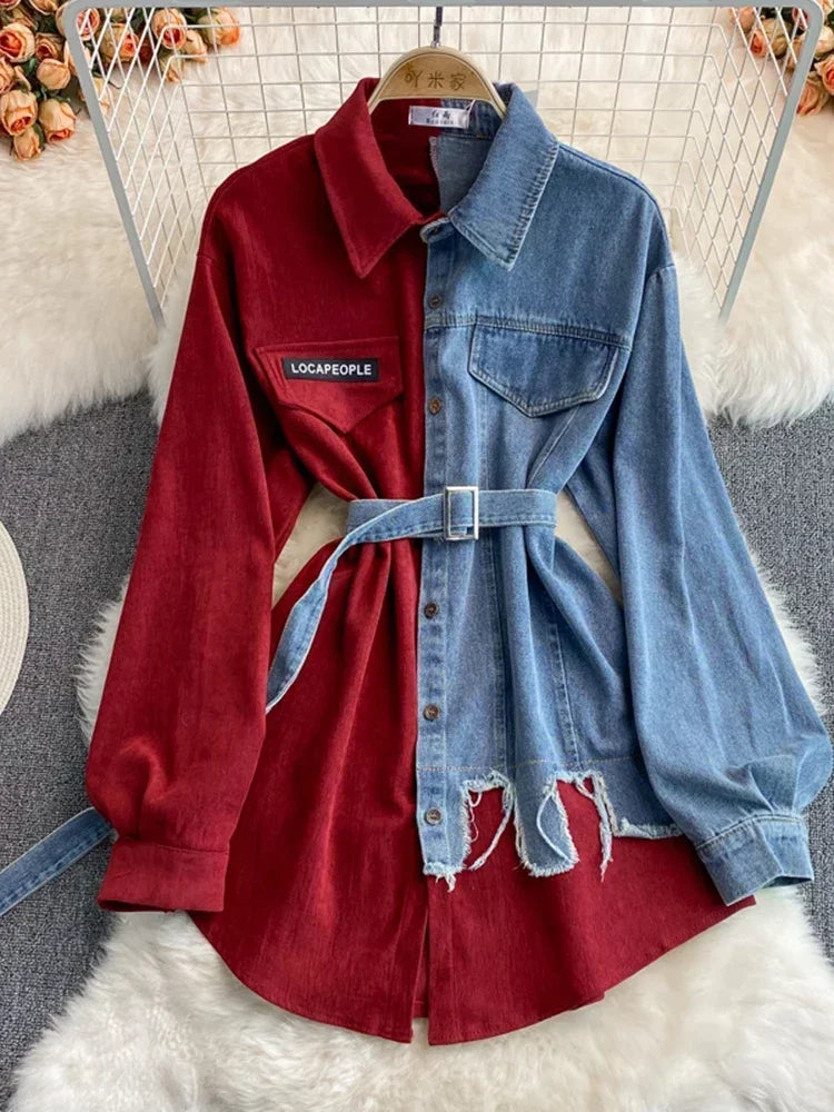 Women’s Patchwork Denim Blouse – Lace-Up Contrast Shirt for Spring/Autumn - Inarah Trade Ltd