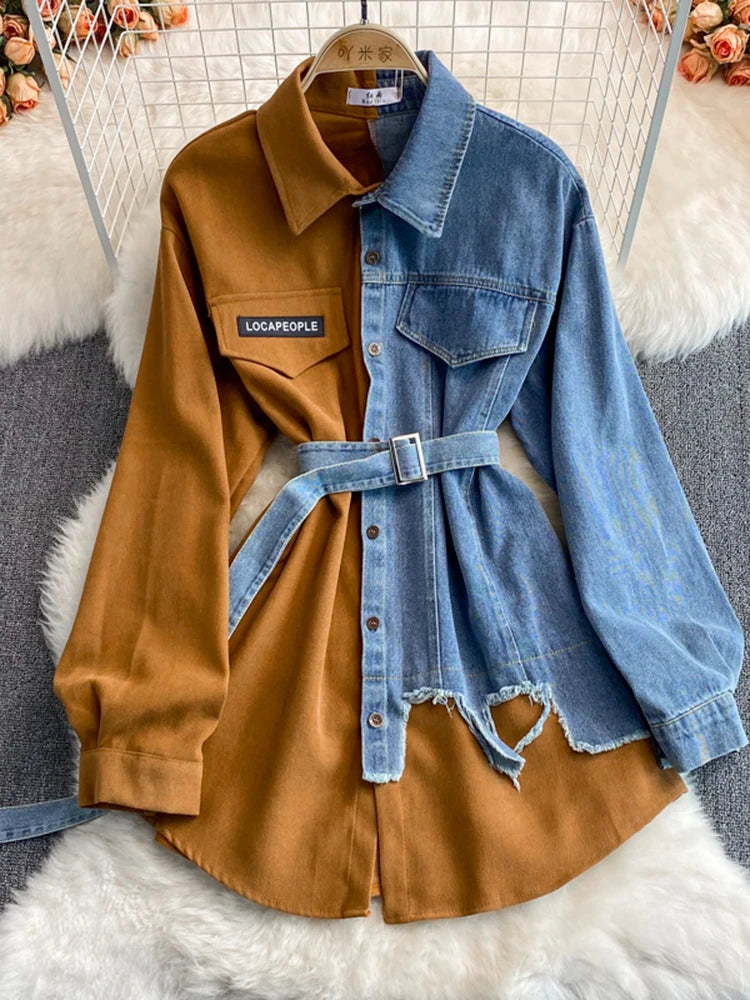 Women’s Patchwork Denim Blouse – Lace-Up Contrast Shirt for Spring/Autumn - Inarah Trade Ltd