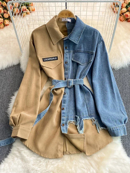 Women’s Patchwork Denim Blouse – Lace-Up Contrast Shirt for Spring/Autumn - Inarah Trade Ltd