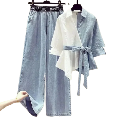 2025 Summer Korean Two-Piece Set – Lace-Up Top & Denim Jeans - Inarah Trade Ltd
