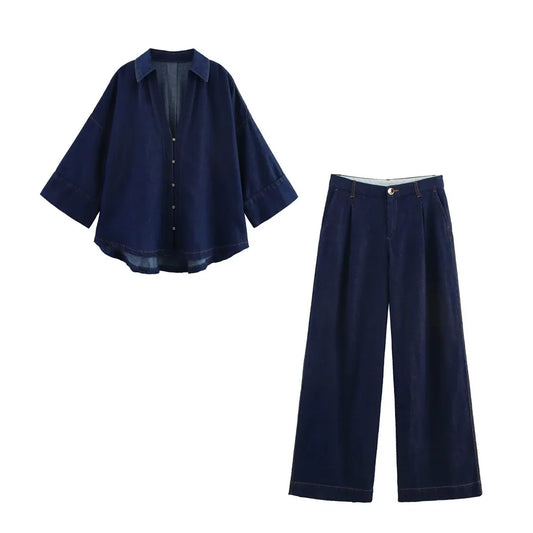 Casual 2025 Women’s Denim Set – Loose Fit Shirt & Wide-Leg Pants - Inarah Trade Ltd