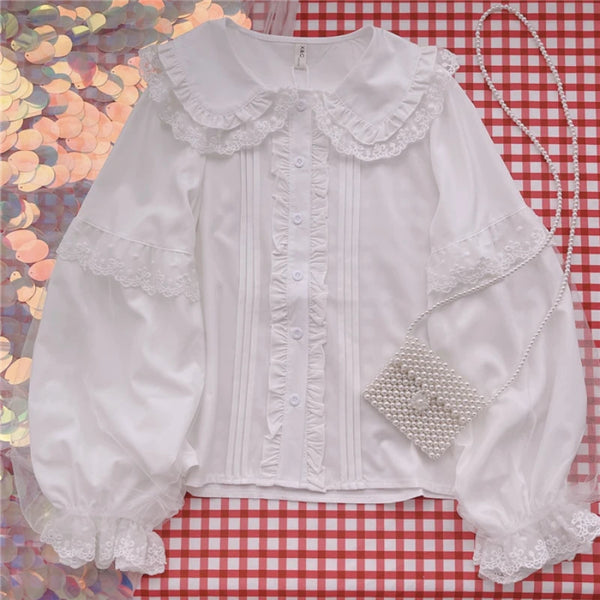 Elegant White Lolita – Preppy Peter Pan Collar & Lace Ruffle Shirt - Inarah Trade Ltd
