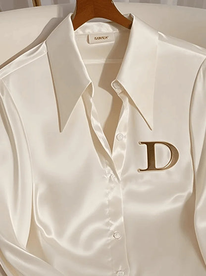 Elegant  White Satin Blouse – Women’s Long Sleeve Office Shirt - Inarah Trade Ltd