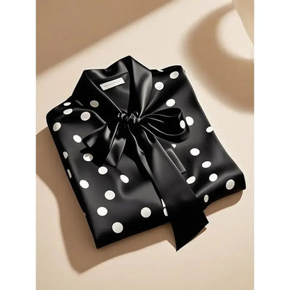 Elegant Satin Polka Dot Blouse – Lace-Up Bow Long Sleeve Top for Women - Inarah Trade Ltd