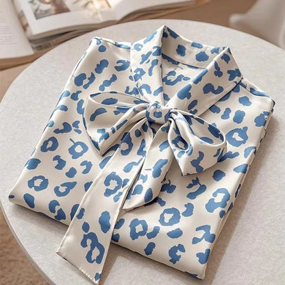 Elegant Satin Polka Dot Blouse – Lace-Up Bow Long Sleeve Top for Women - Inarah Trade Ltd