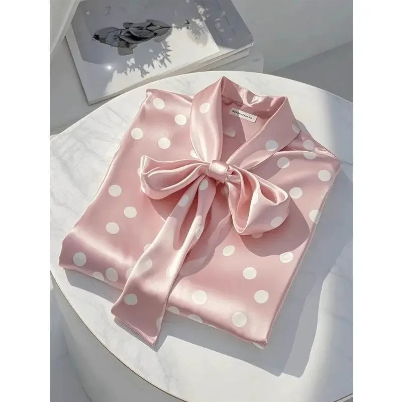 Elegant Satin Polka Dot Blouse – Lace-Up Bow Long Sleeve Top for Women - Inarah Trade Ltd